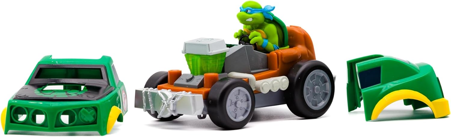Teenage Mutant Ninja Shell Smasher Karts assortment featuring Leonardo figure and kart from Funrise, with colorful ninja-themed design.