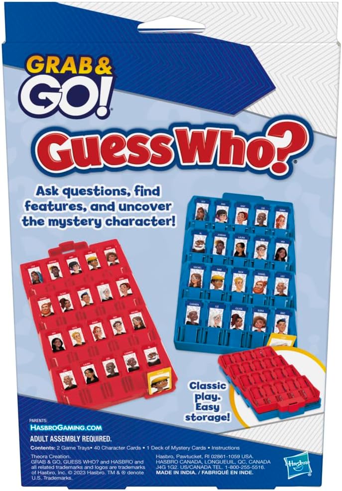Hasbro Guess Who? Grab and Go Board Game with colorful game pieces and character cards, portable for fun on the go