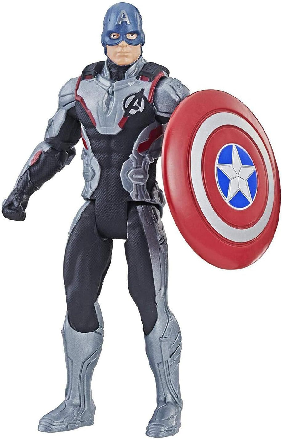 Marvel Avengers Endgame Captain America action figure in team suit by Hasbro, 6-inch collectible toy with detailed costume.