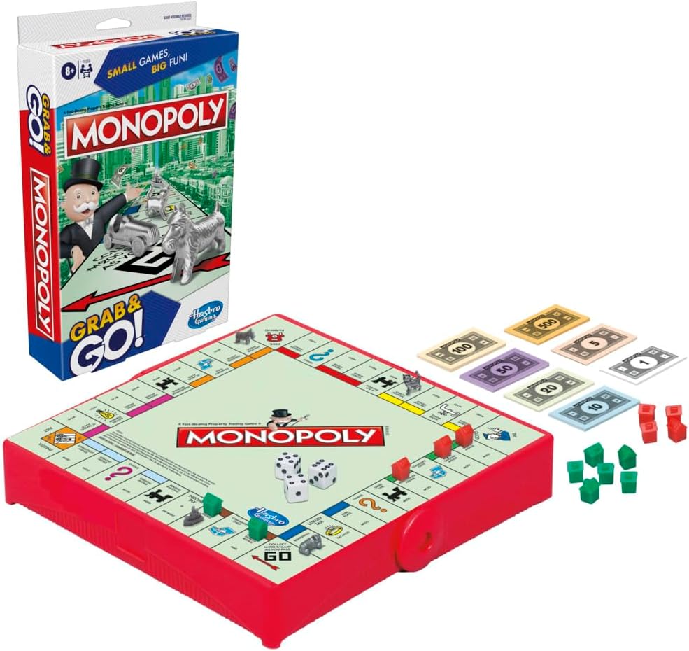 Hasbro Monopoly Grab and Go game for kids, featuring colorful game pieces and compact design for easy play and portability.