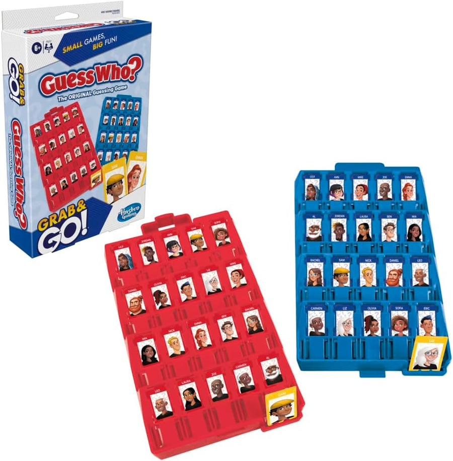 Hasbro Guess Who? Grab and Go board game with colorful character cards and game pieces on a tabletop.