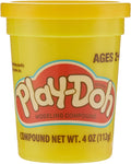 Yellow Play-Doh single can of 113g from Hasbro, showing a open can of colorful modeling dough on a white background.