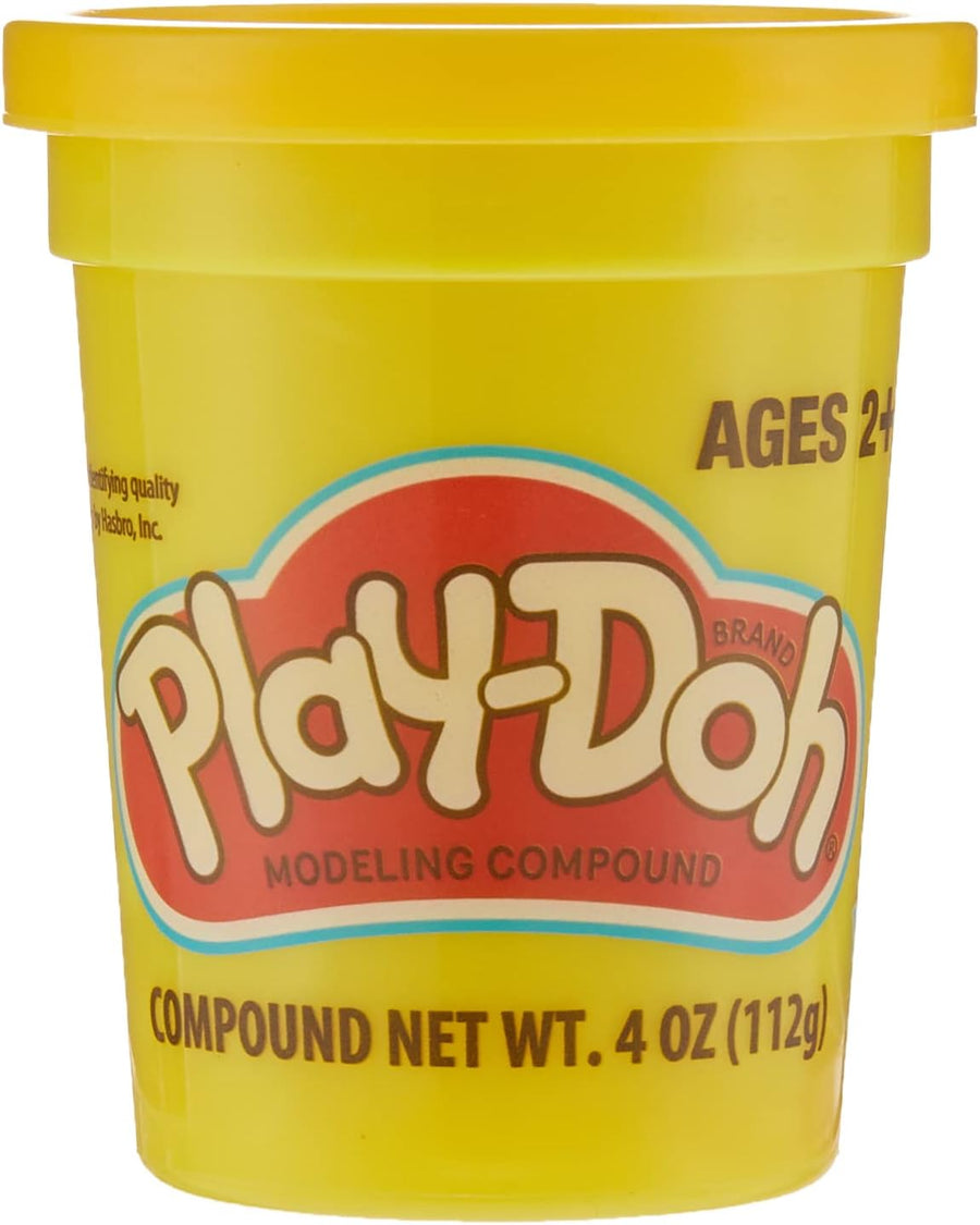 Yellow Play-Doh single can of 113g from Hasbro, showing a open can of colorful modeling dough on a white background.