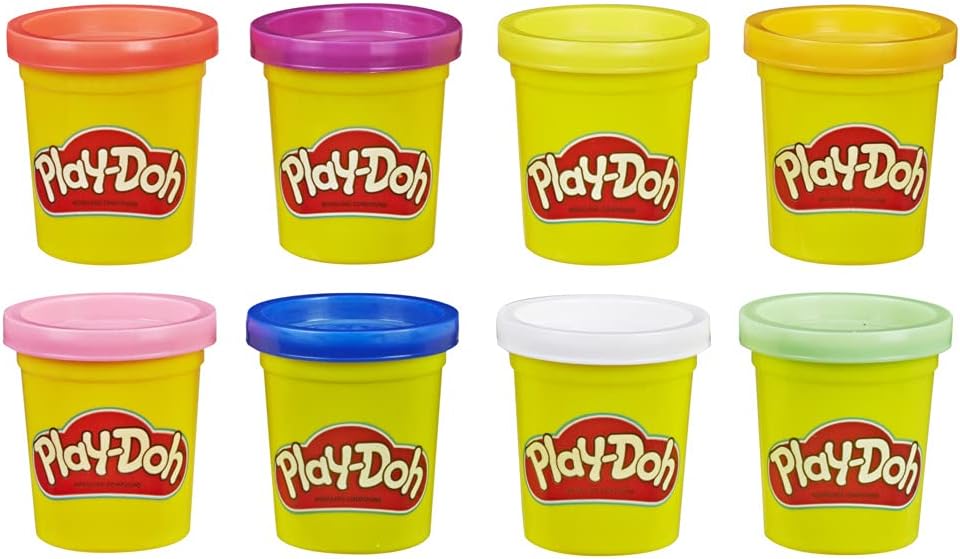 Eight-pack Play-Doh modeling compound starter kit with vibrant rainbow colors by Hasbro, showing colorful cans of modeling clay.