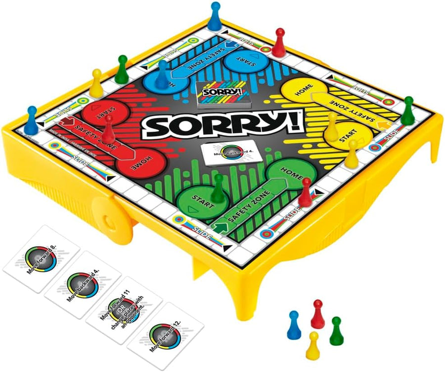 Travel-sized Sorry! Grab and Go board game by Hasbro, featuring colorful game pieces and compact design for fun on the move.