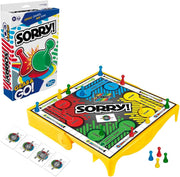 Hasbro Sorry! Grab and Go travel-sized board game with colorful game pieces and compact design for on-the-go fun.