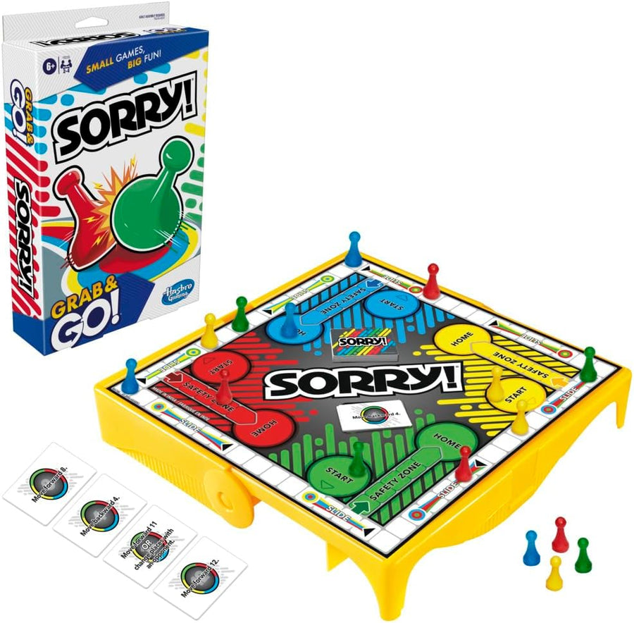 Hasbro Sorry! Grab and Go travel-sized board game with colorful game pieces and compact design for portable fun.