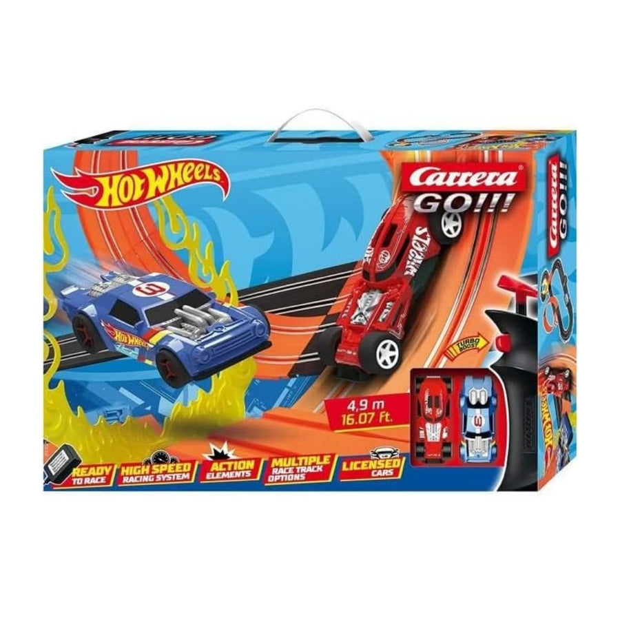 Carrera HOT WHEELS slot car racing set, 4.9 meters long, featuring colorful cars and track pieces for kids' toy racing fun.