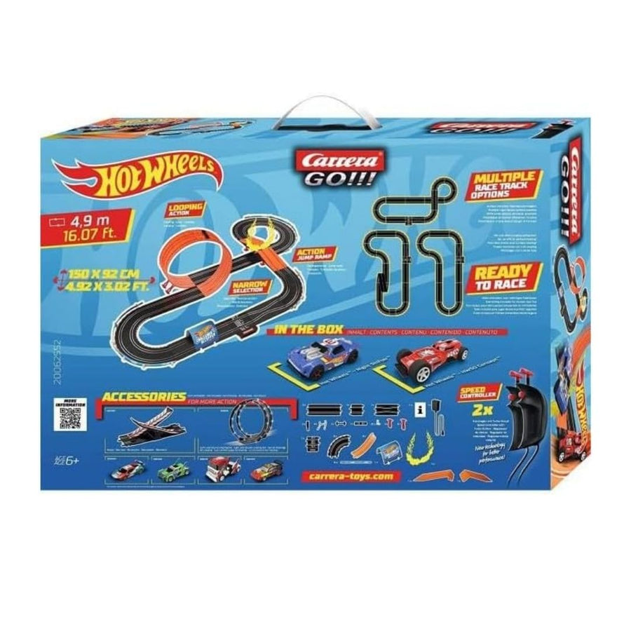 Carrera HOT WHEELS slot car set with 4.9-meter track, featuring colorful racing cars and detailed track layout.