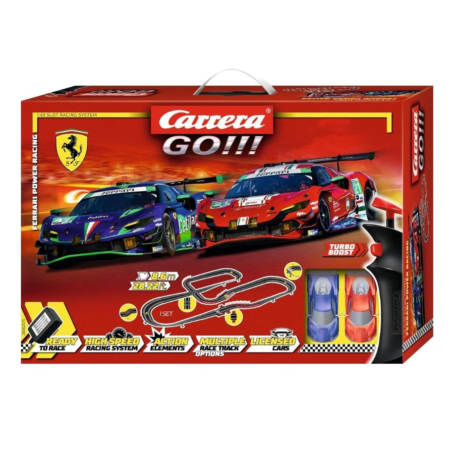 Carrera GO! Ferrari Power Racing toy set featuring a detailed Ferrari race car and track layout for kids' racing play