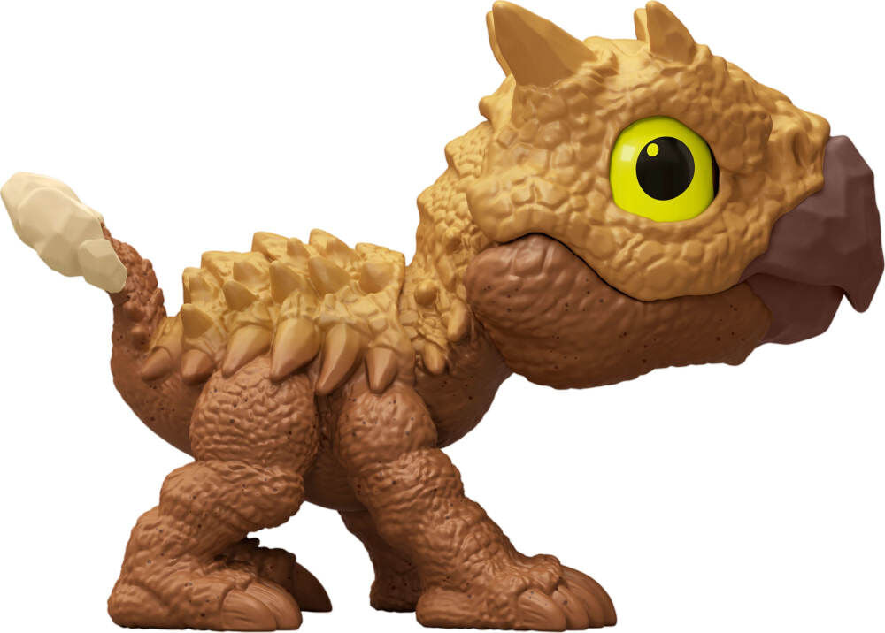 Jurassic World Mighty Biters Ankylosaurus toy figure with detailed scales and armored shell on a white background.
