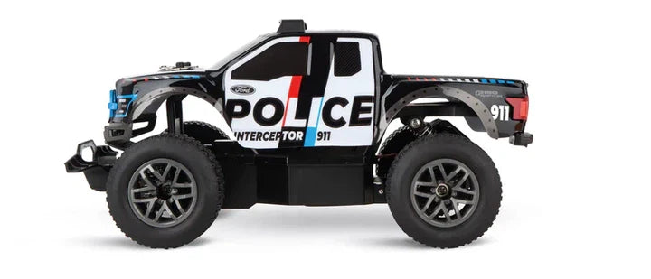 Carrera RC Ford F-150 Raptor Police toy car with 2.4 GHz remote control, detailed police design, and durable plastic body.