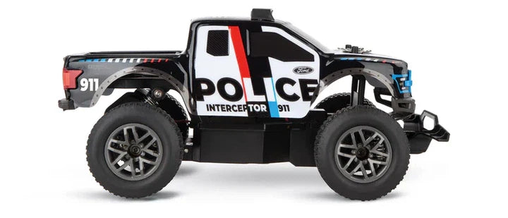 Carrera RC Ford F-150 Raptor Police toy car with 2.4 GHz remote control, detailed police vehicle replica for kids.