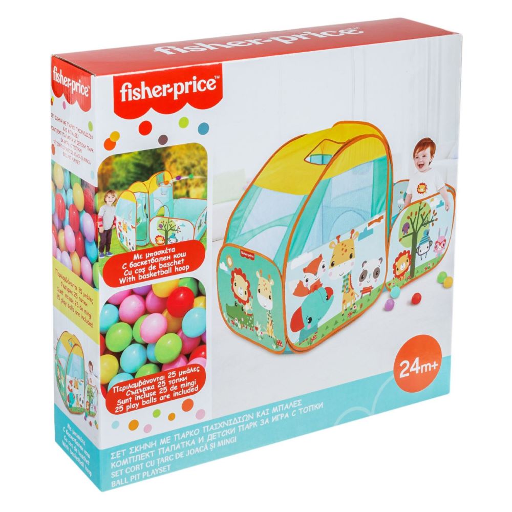 Fisher Price ball pit playset with colorful plastic balls for children, featuring a soft, padded area for play and fun.
