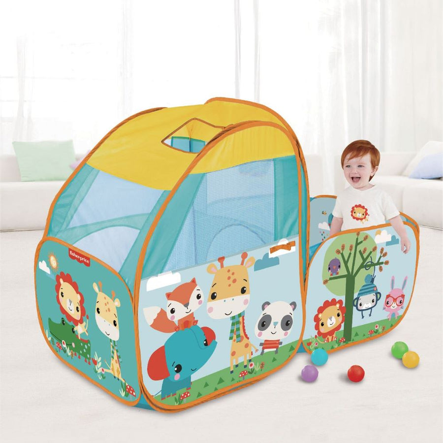 Fisher Price ball pit playset with colorful plastic balls inside, designed for young children to play and jump comfortably.