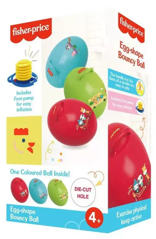 Fisher-Price Bouncy Egg with foot pump in bright yellow and blue, children’s inflatable bouncing toy for active play.