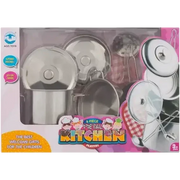 Metal kitchen play set with 8 toy utensils and cookware, ideal for children's pretend play and role-playing activities.