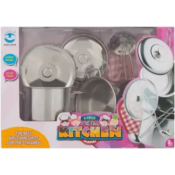 Metal kitchen play set with 8 toy utensils and cookware, ideal for children's pretend play and role-playing activities.