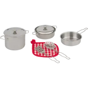 Metal kitchen play set with 8 toy utensils and cookware, ideal for children's pretend play and role-playing activities.