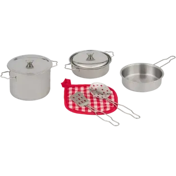 Generic 8-piece metal kitchen play set for kids, includes toy utensils and cookware, perfect for pretend cooking and role play.