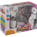 Eight-piece metal kitchen play set for kids, including toy pots, pans, and utensils, in a colorful toy kitchen environment.
