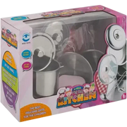 Metal kitchen play set with 8 toy utensils and cookware, ideal for children's pretend play and role-playing activities.