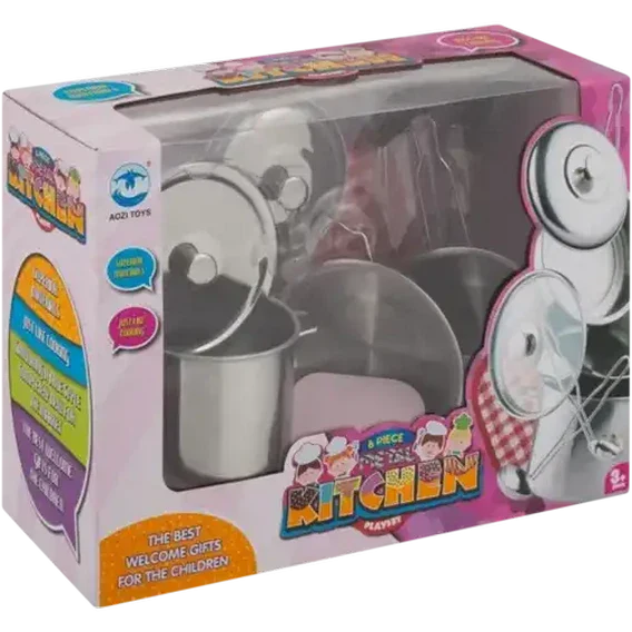 Eight-piece metal kitchen play set for kids, including toy pots, pans, and utensils, in a colorful toy kitchen environment.