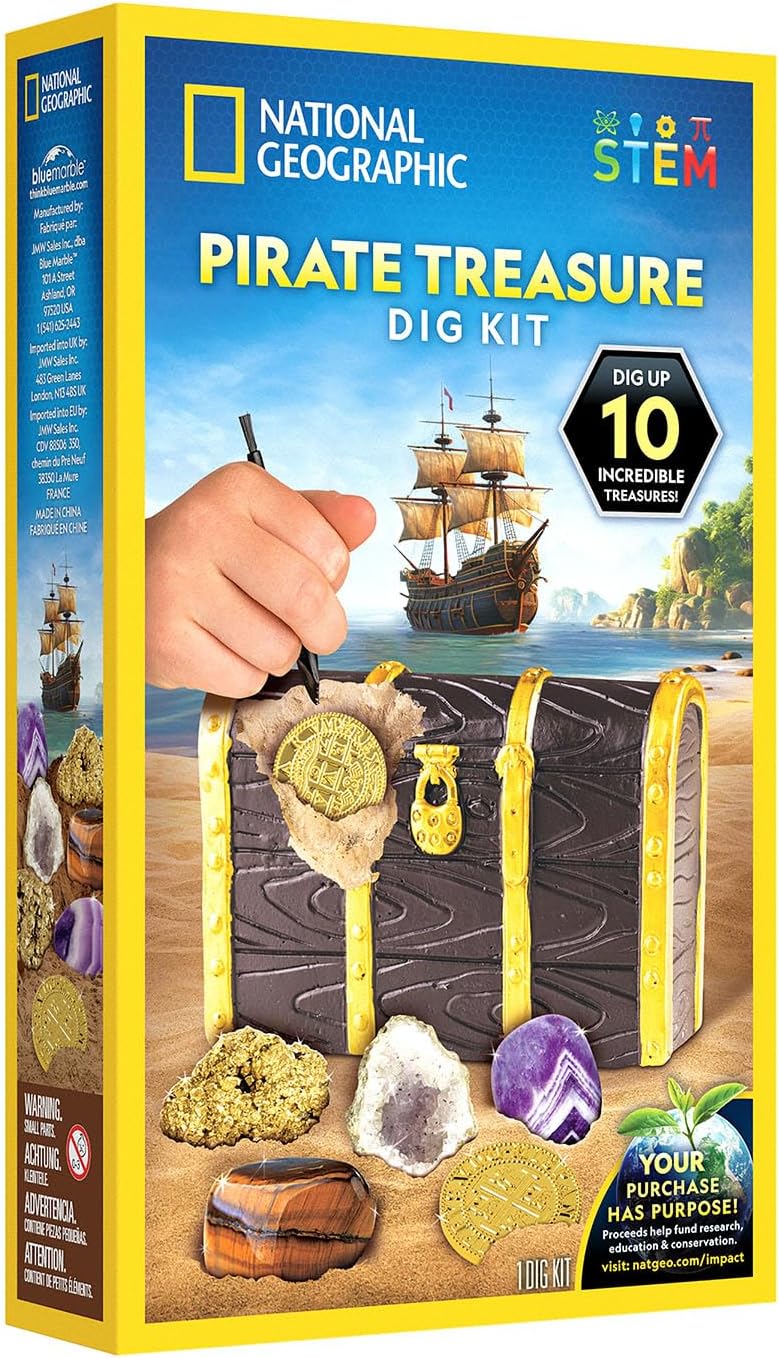 National Geographic Pirate Treasure Dig Kit by Playzokids with shovel and buried treasure artifacts for kids' outdoor adventure play