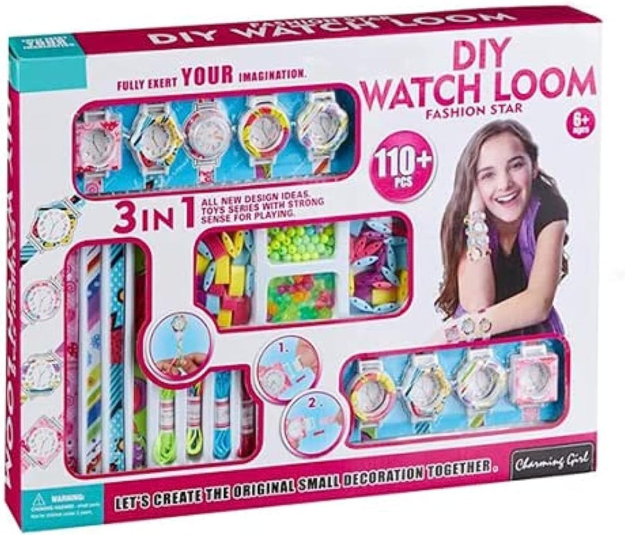 Colorful Loom Maker toy for kids, featuring plastic pegs and colorful threads for creative weaving activities.