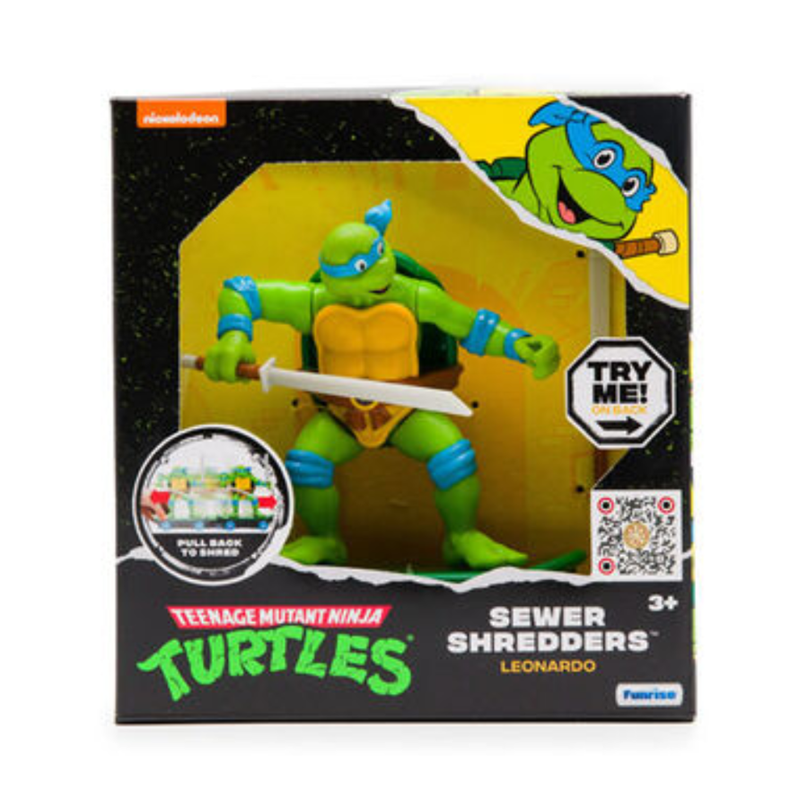 Teenage Mutant Ninja Turtles Sewer Shredders Leonardo toy from Funrise, featuring Leonardo in action pose with ninja weapons.