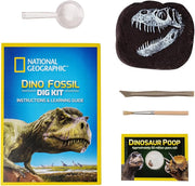 National Geographic Dino Fossil Dig Kit by Playzokids showing colorful excavation tools and fossil replicas on a white background.