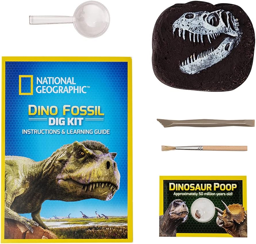 National Geographic Dino Fossil Dig Kit by Playzokids showing colorful excavation tools and fossil replicas on a white background.