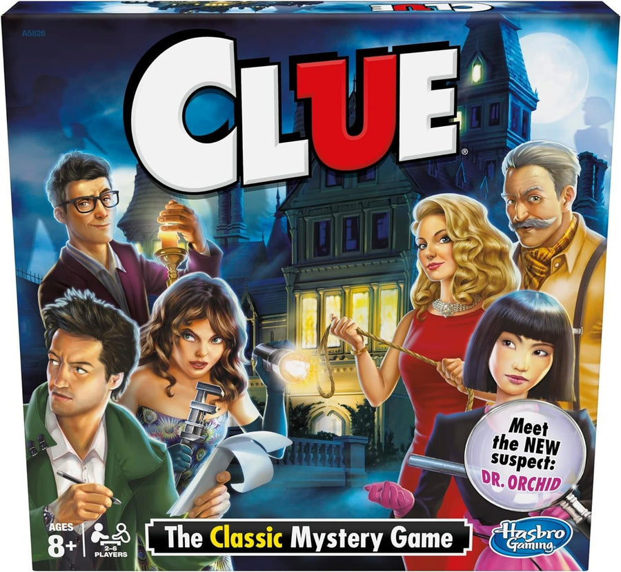 Hasbro Clue classic mystery game by Playzokids, featuring game box with colorful cards and detective-themed accessories.