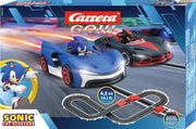 Carrera Sonic the Hedgehog race track set with colorful track pieces and Sonic-themed racing cars on a smooth track surface.