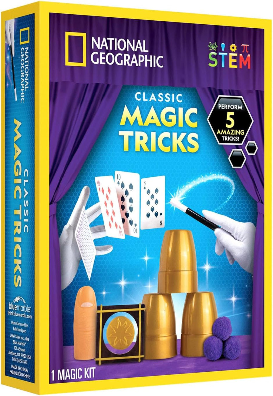 National Geographic Classic Magic Tricks set by Playzokids featuring colorful cards and props for kids' magic performances.