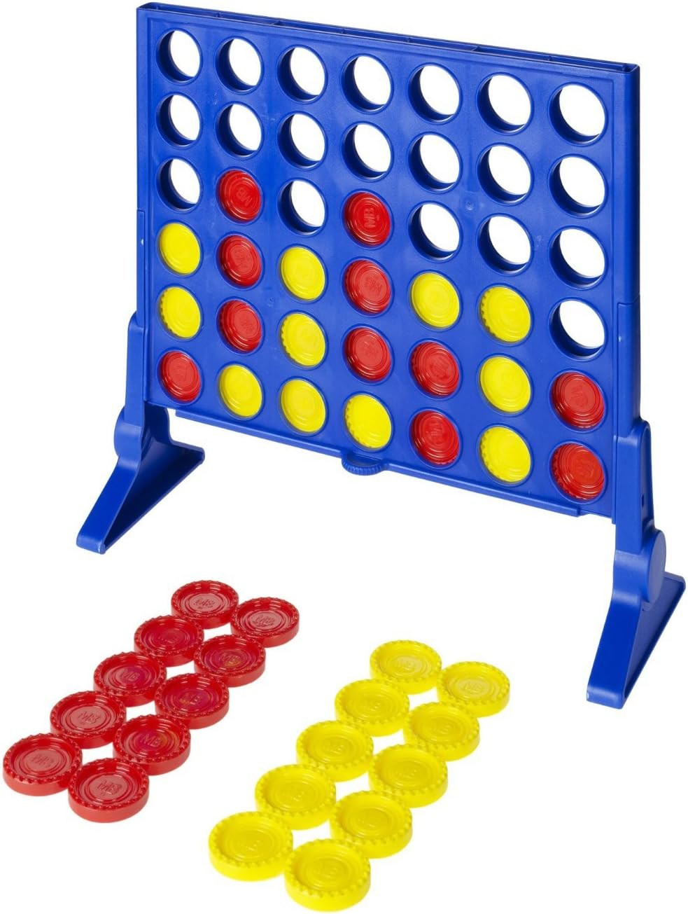 Hasbro Connect 4 board game with colorful grid and red and yellow discs for two players, ready for gameplay.