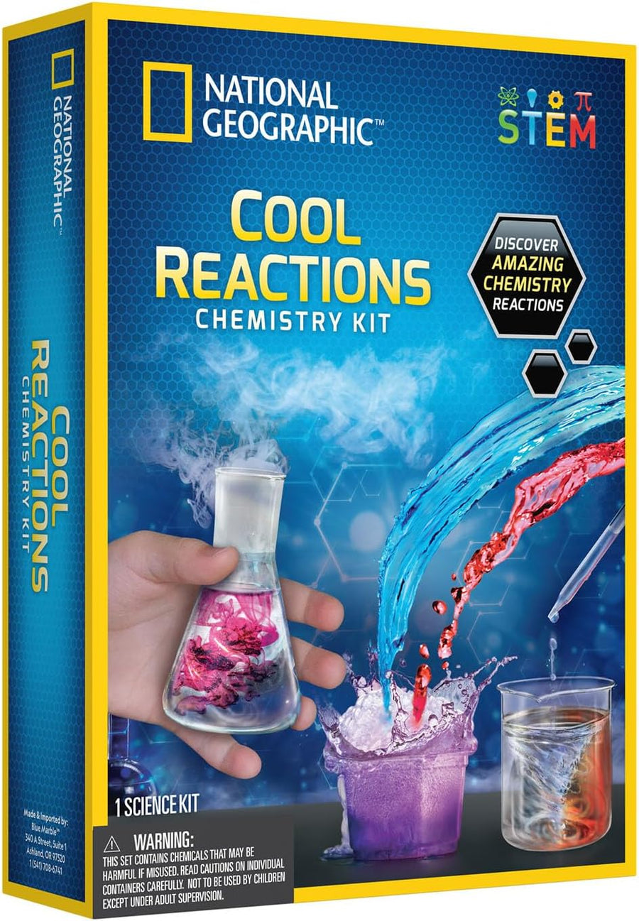 Playzokids National Geographic Cool Reactions Chemistry Kit with colorful lab tools and chemicals for educational experiments.