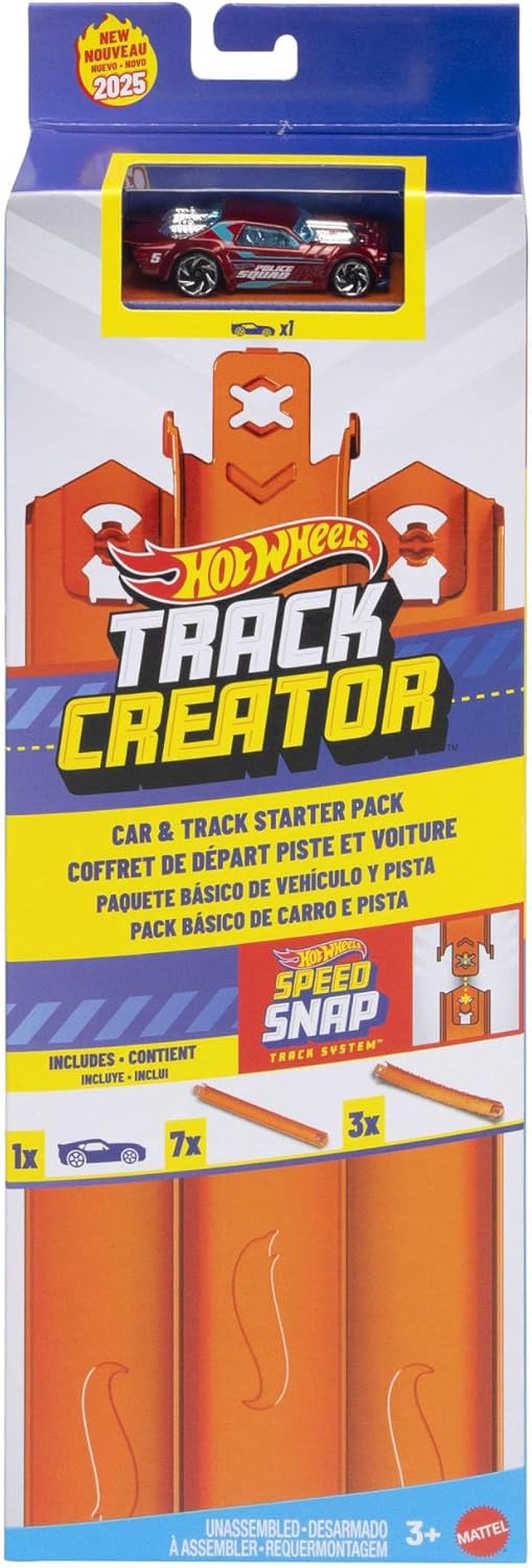 Hot Wheels toy car track set with colorful plastic tracks and cars, designed for creating custom race courses for 1:64 scale cars.