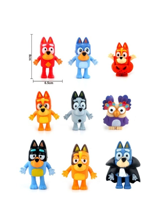Nine-piece Bluey character toy set featuring popular Bluey figures from a generic toy brand.