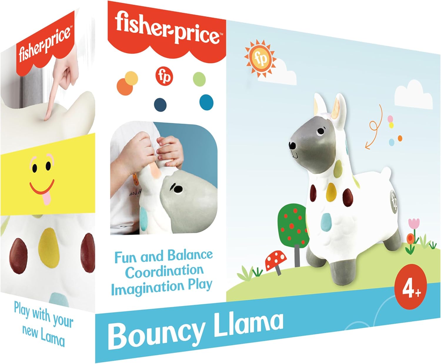 Fisher-Price Hopper Lama plush toy with colorful design and soft fabric, suitable for infants and young children.