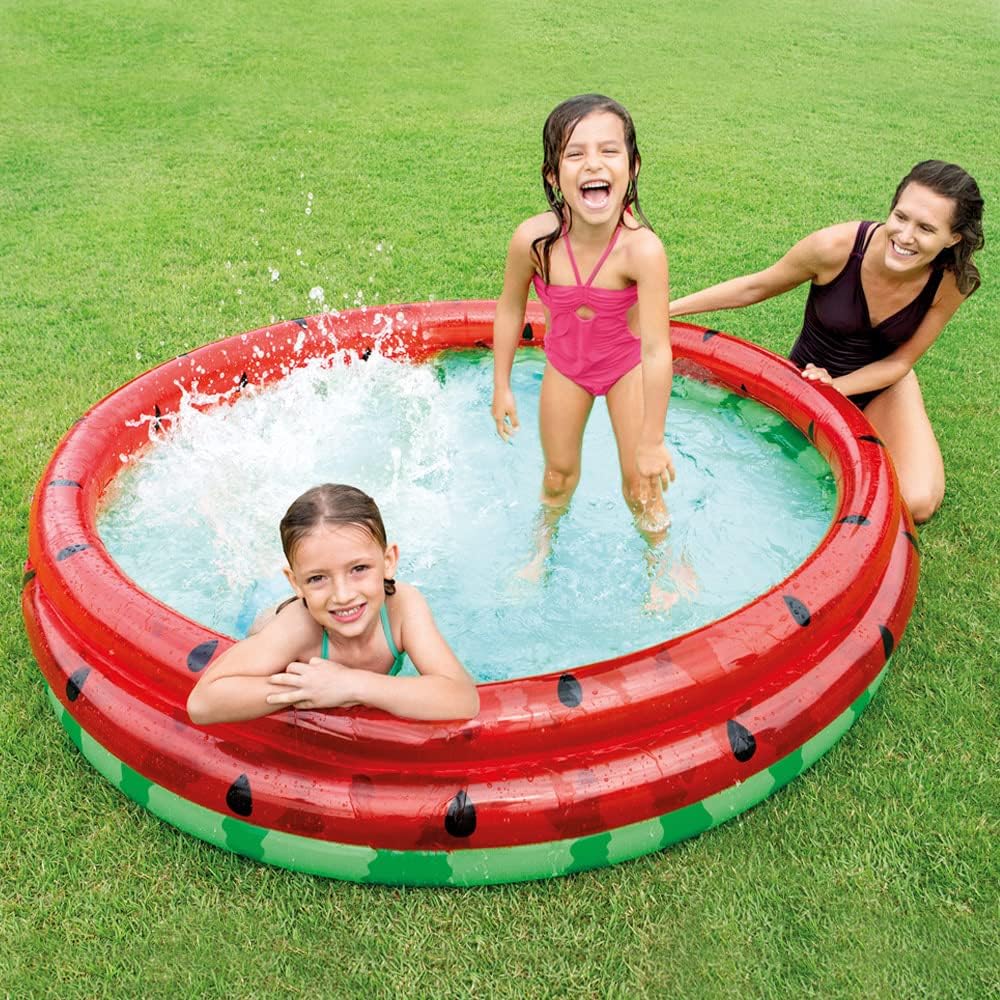 Intex Watermelon Pool for kids, 1.68m diameter with watermelon design, suitable for children aged 2 and up.