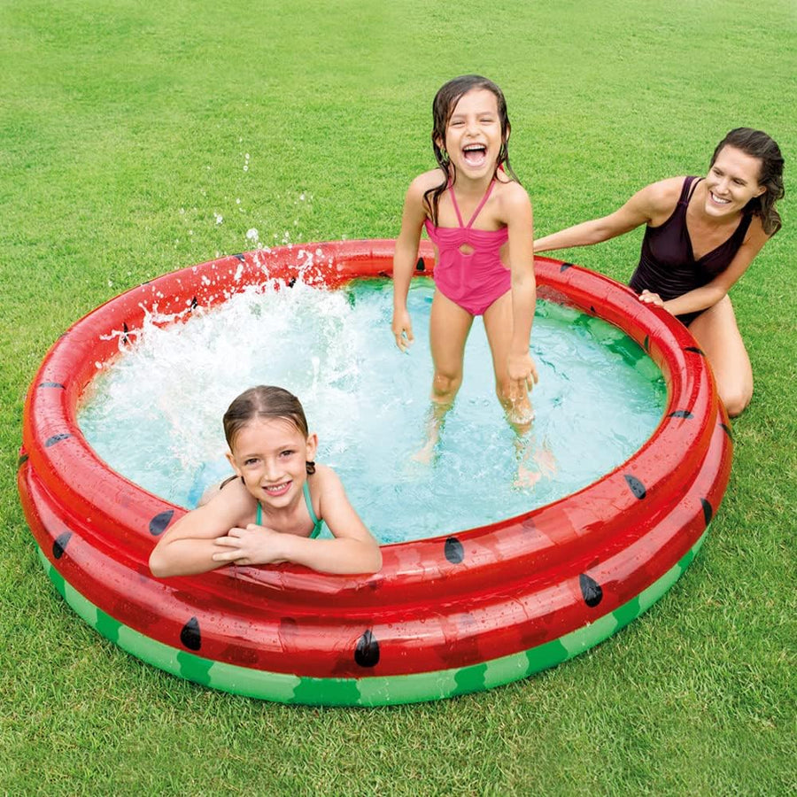 Intex Watermelon Pool for kids, 1.68m diameter with watermelon design, suitable for children aged 2 and up.