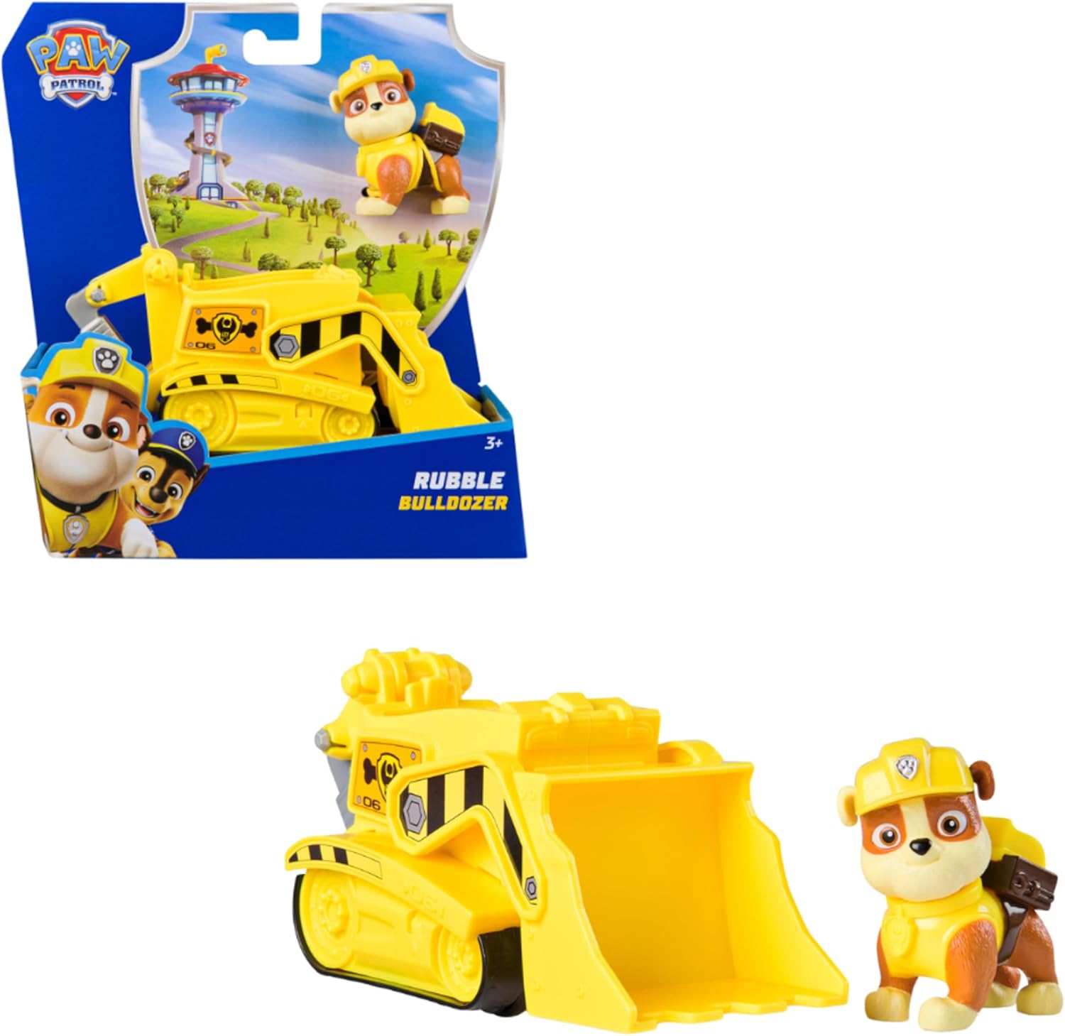 Paw Patrol Rubble bulldozer toy with figure from Spin Master, featuring a detailed construction vehicle and Rubble character.