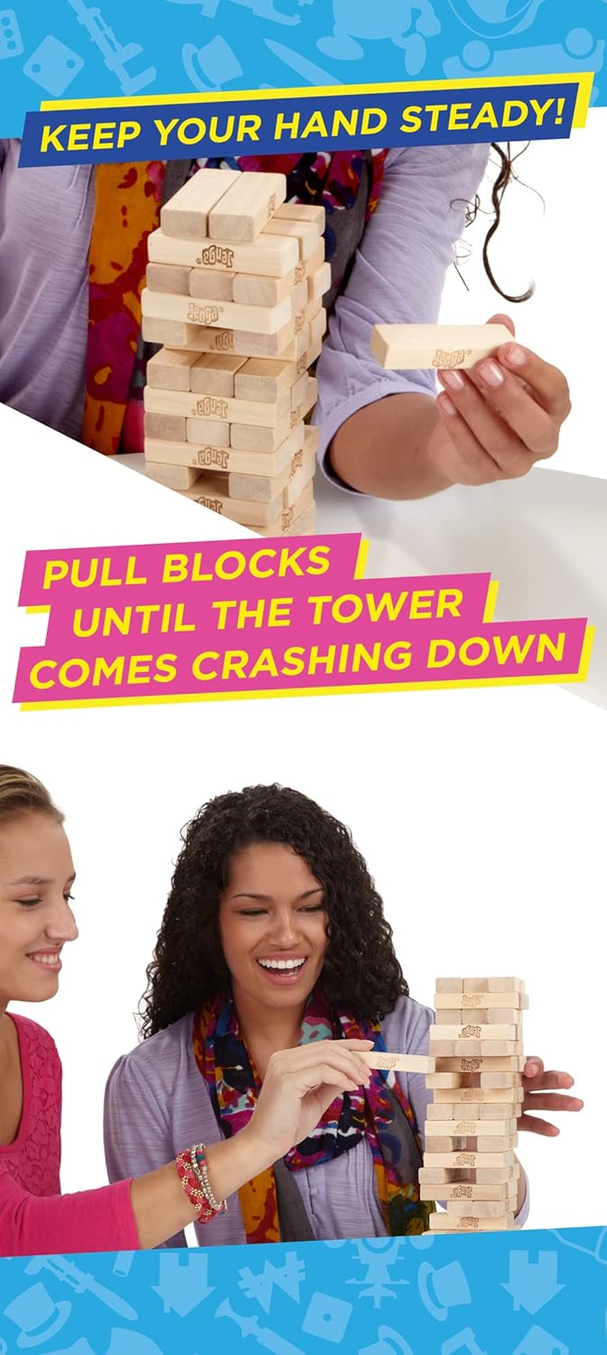 Hasbro Classic Jenga game with wooden blocks stacked in a tower ready for gameplay, made in the USA.