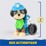 PAW Patrol rescue vehicle with Rex toy figure, Spin Master toy set featuring colorful rescue vehicle and Rex figure for kids.