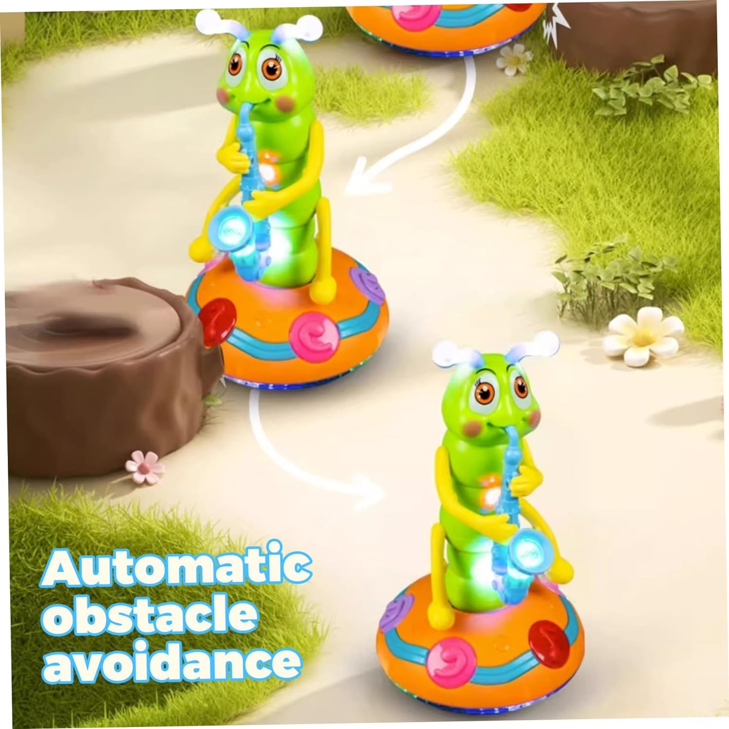 Colorful electric dancing caterpillar toy with segmented body and moving parts, designed for kids' entertainment and play.