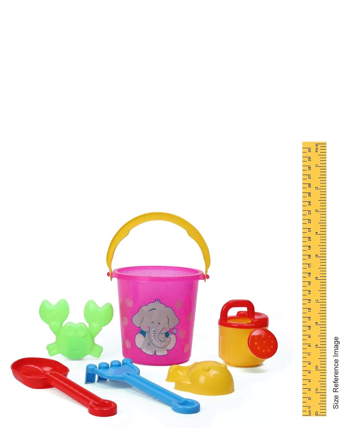 Colorful Happy Beach Toy Set with shovels, buckets, and rakes for kids' beach play, made by Generic.