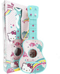 Hello Kitty 4-string toy guitar with pink and white design, featuring Hello Kitty character and colorful strings.