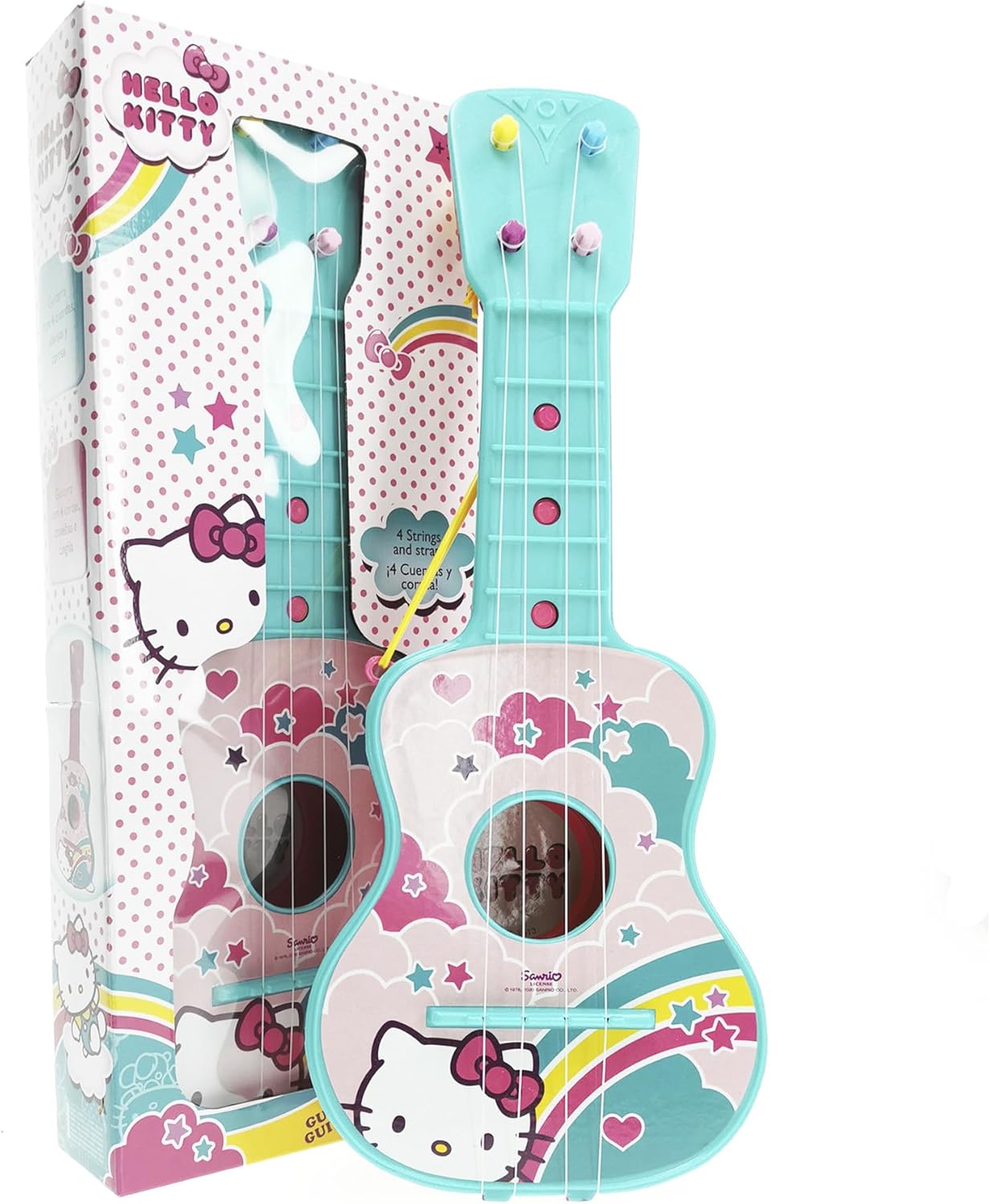 Hello Kitty 4-string toy guitar with pink and white design, featuring Hello Kitty character and colorful strings.