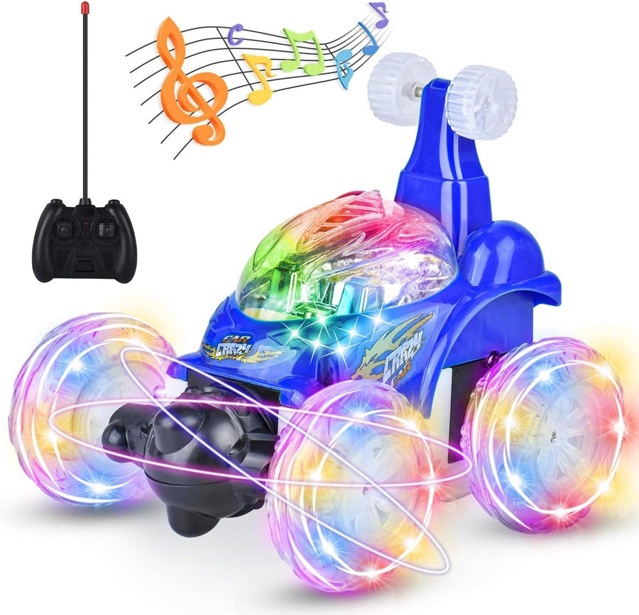 Waterproof double-sided stunt car toy with remote control, 360-degree spinning action, ideal for kids and outdoor play.